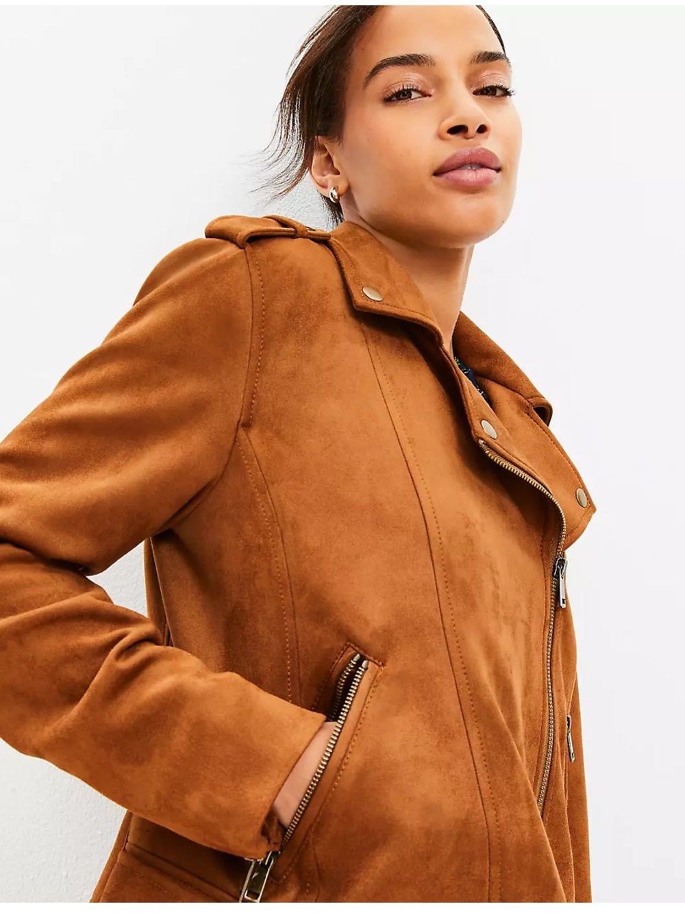 LOFT NWT Camel Brown Faux Suede Motorcycle Jacket. XS, but runs big. Smoke Free! - Picture 2 of 7